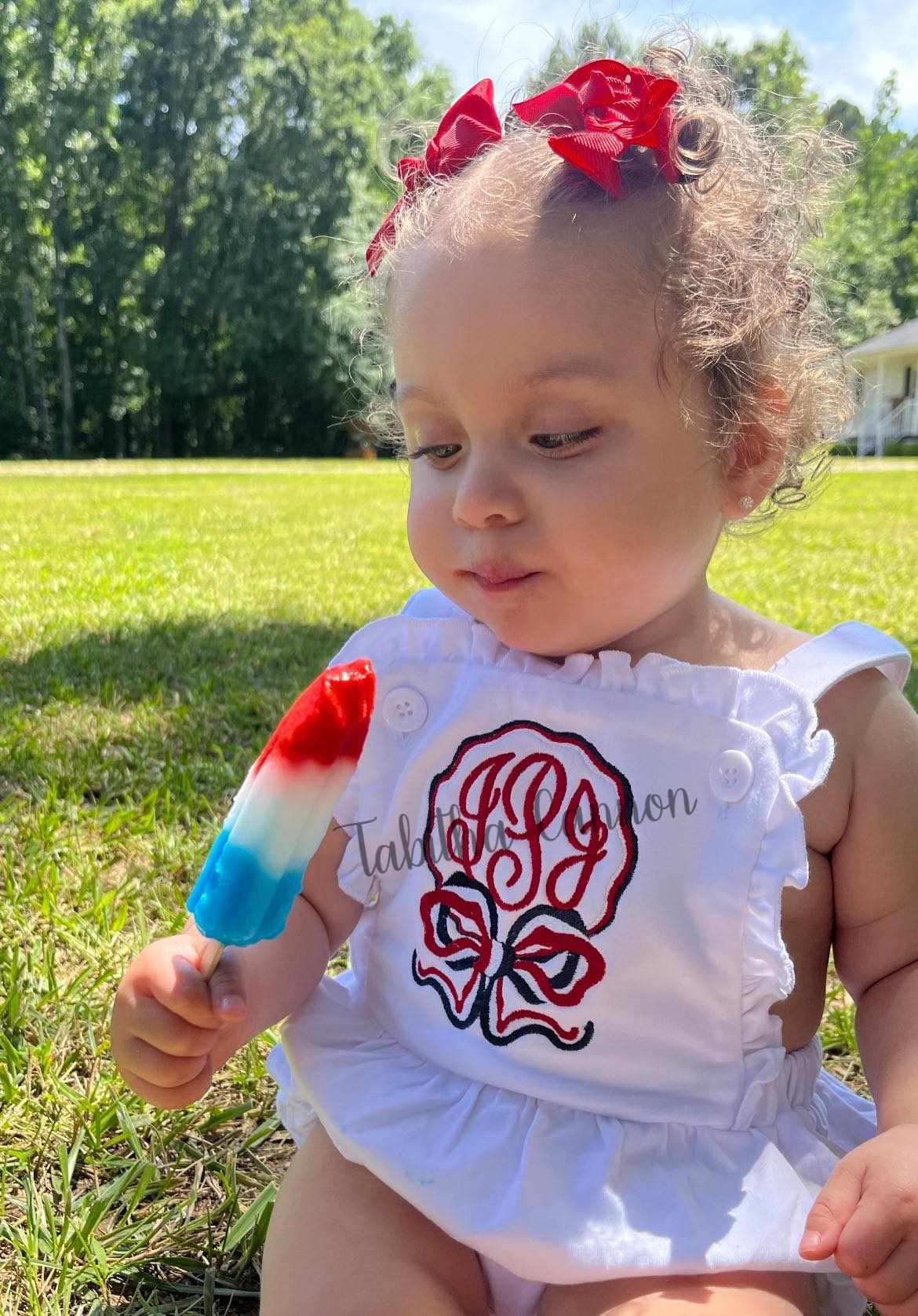 Monogram Red, White, and Blue bow Sunsuit